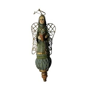 Folk Art Singing Angel Ornament Wire Wings Hymn Book Gold Key 7"